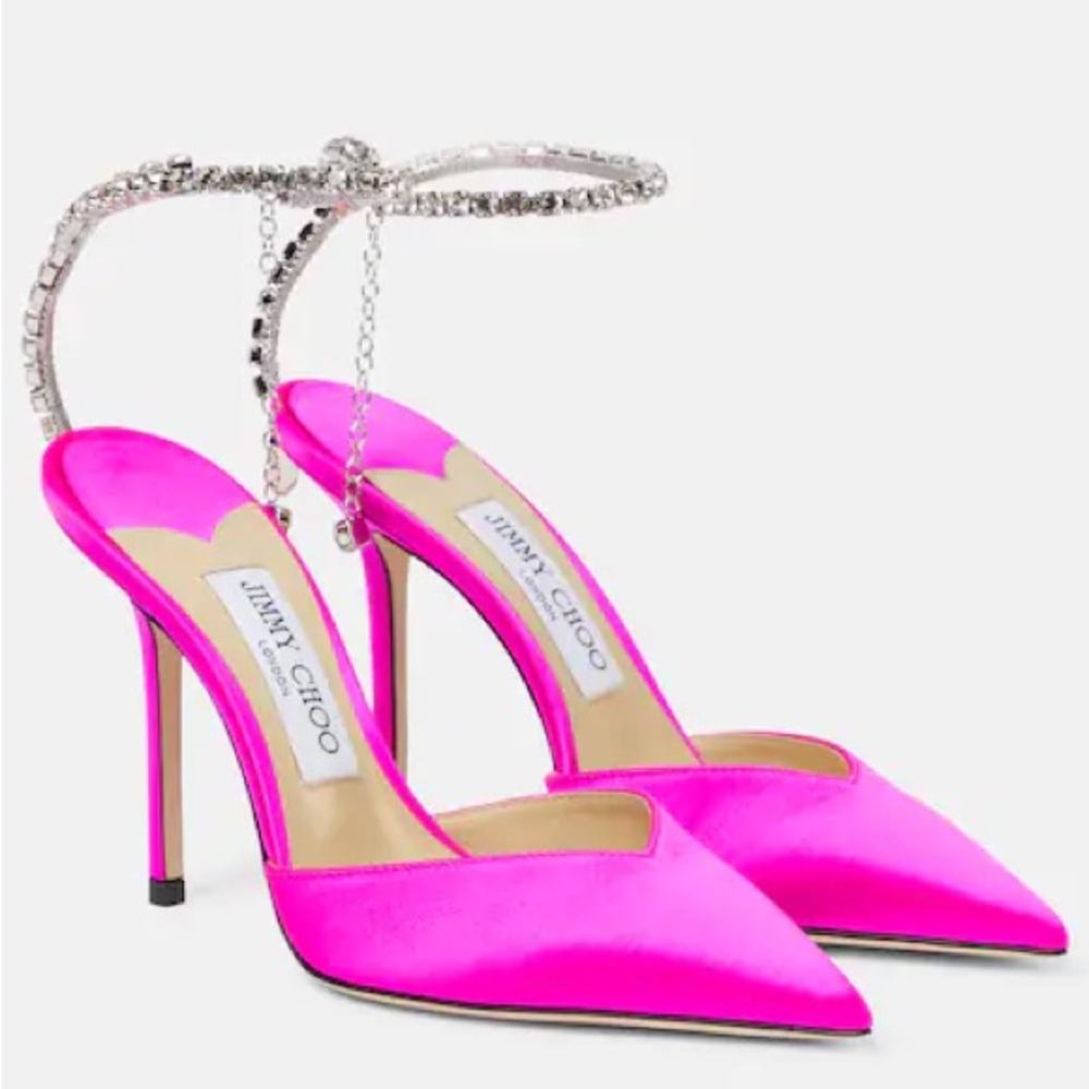 Jimmy Choo satin Pink Saeda Heels with Crystal Ankle Strap